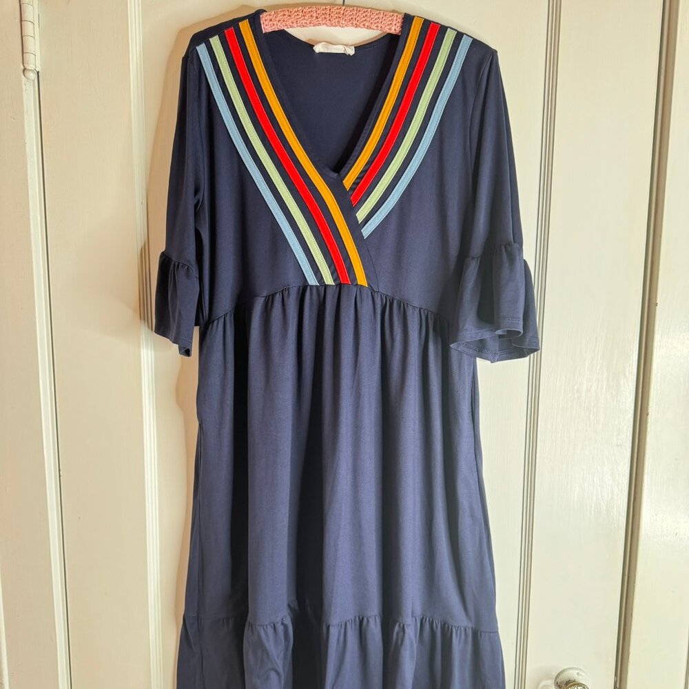 Raw Edge dark blue knit empire waist dress sz L